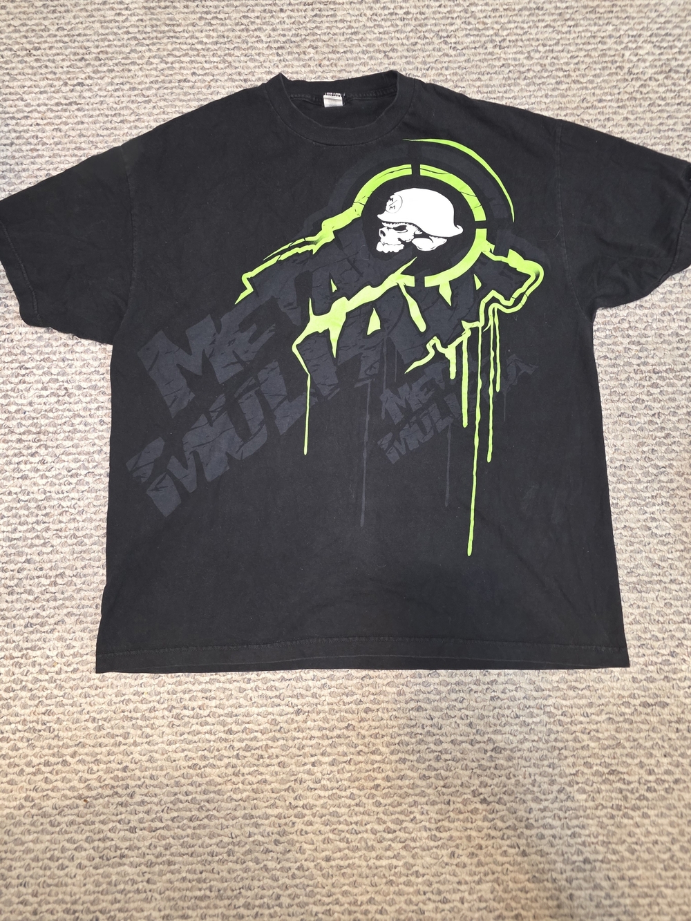 Y2k Metal Mulisha Black Graphic Skull Tee with Neon Green Accents - Men Size Xxl
